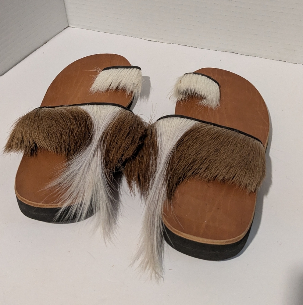 Brown and White Fur Slide Sandals
